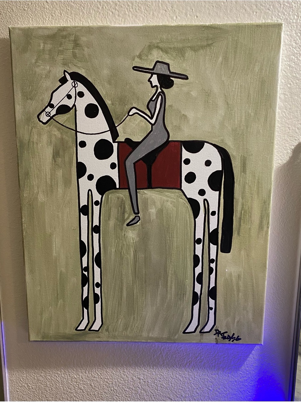 Modern Dot Horse Rider Canvas Art - Green, White, Black